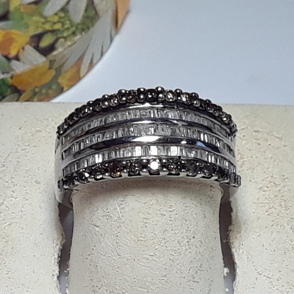 .97ctw Chocolate Brown &Wht Baguette Diamond 5Row Sterling Silver Band Ring19980